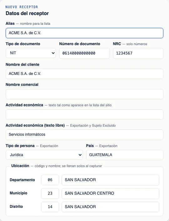 Editor de Facturito con los datos de un receptor: alias, documento, NRC, actividad económica y ubicación