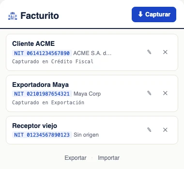 Popup de Facturito con tres receptores guardados y el botón Capturar